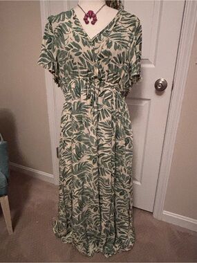 Leaf-Print V-Neck Maxi Dress with Waist Tie